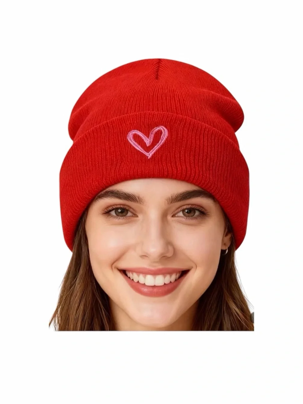 Red Knit Beanie With Pink Heart On Brim New Without Tags